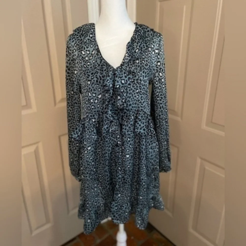 Zara Long Sleeve Animal Print Ruffle Mini Dress